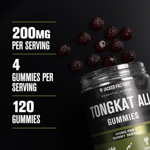 Image of Jacked Factory Tongkat Ali Gummies - 100:1 Tongkat-Ali (Eurycoma Longifolia) Extract for Enhanced Vitality, Improved Energy Levels, Increased Strength, & Lean Muscle Growth - 120 Count, Tart Cherry
