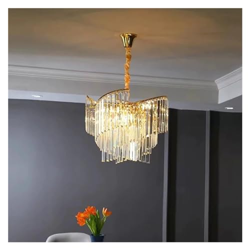 Lustre en cristal doré d'exception, plafonnier chic pour grand salon de villa