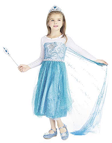 Henzworld Girls Dresses Costume Dress Up Cape Princess Birthday Party Cosplay Outfits Mesh Long Sleeve Jewelry Gloves Hair Wig Grips Accessories Set Patchwork Blue Kids 3-4 Years #TOP2