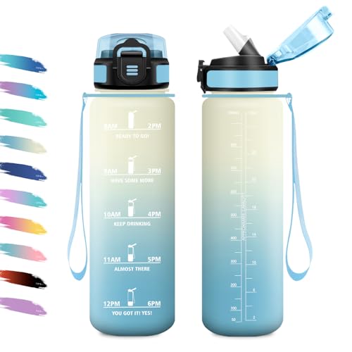 Bouteille d'eau Sport 1L, Gourde Marqueur de Temps, Gourde Motivation avec Filtre, Bouteille d'eau Anti-Fuite, Reutilisable pour Randonnée, Cyclisme, Bureau, Extérieur, Camping, Voyage, Fitness
