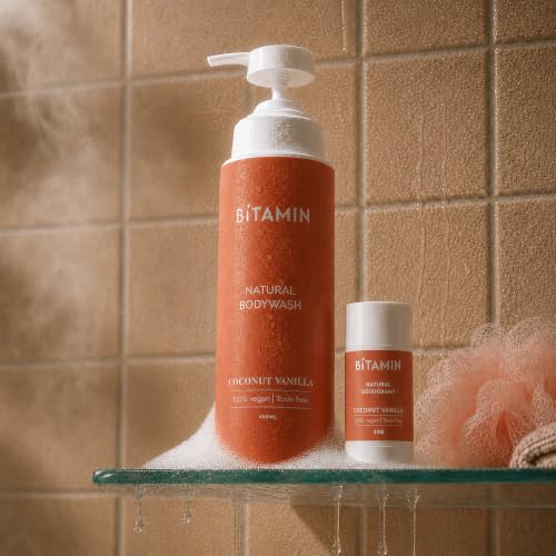 Image of Bitamin Natural Body Wash 400ml with Underarm deodorant Combo | 100% Vegan, Toxin Free Bath & Body Care | LongLasting Odour Control | Enriched with Vit E and Ceramides| Coconut Vanilla fragrance