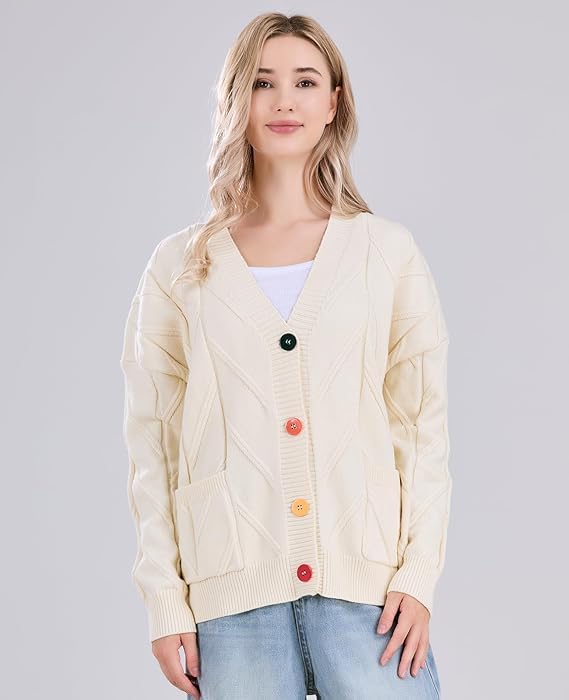 Image of utcoco Womens Open Front Cardigan Cable Knit Long Sleeve Button Down Embroidery Cardigan Sweaters