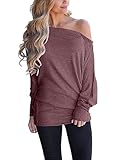 Poetsky Off The Shoulder Tops for Juniors Baggy Long Sleeve Casual T Shirt Blouses (XL, Wine Red)