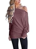 Poetsky Womens Long Tops to Wear with Leggings Loose Fitting One Shoulder Blouse Shirts (S, Wine Red)