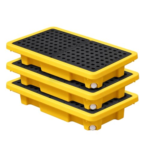 Cjgyz yellow and black nestable spill containment trays with drain — proof of the 5.3-gallon capacity for solvents on the bench