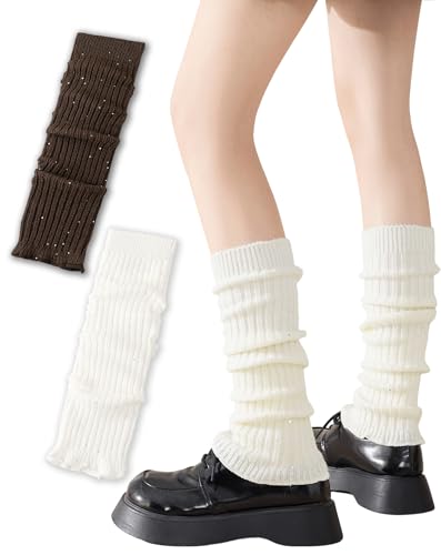 Image of Yawlsow Leg Warmers for Women Girls Y2k Knit Ruffle Leg Warmer Winter 80s with Sequins, Japanese Kawaii Harajuku Accessories