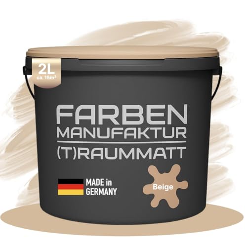 Farben Manufaktur Wandfarbe Beige Edelmatt 1-10 L [SEHR DECKEND] für ca. 15 m² – Atmungsaktive Innenwandfarbe – Schnelltrocknende Innenfarbe - Dispersionsfarbe Beige 2L