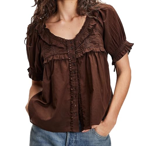 Women Lace Trim Cardigan Shirt Short Sleeve Button Down Ruffle Hem Blouse Summer Boho Tops Y2K Going Out Tops