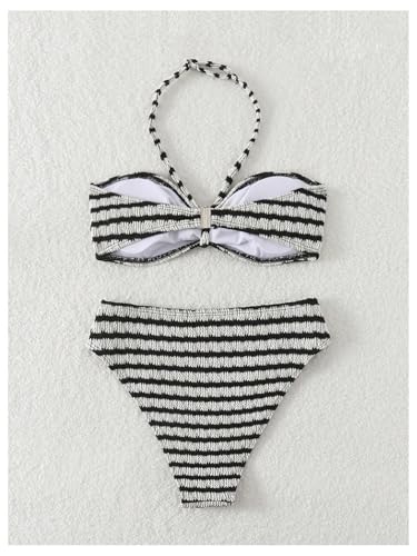 SOLY HUX Girl's Striped Swimsuits Textured Knit Halter Bikinis Summer Vacation Bathing Suits2