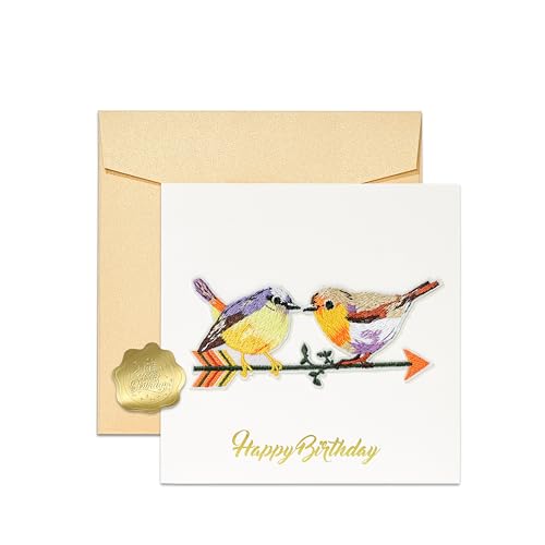 Velvet Vows Birthday Cards with Handmade-Embroidered Colorful Birds – 5.7x5.7 Inch Happy Birthday Card Set, Gold Envelope & Stickers