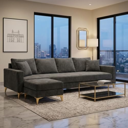 Image of Classiq Rich 5 Seater L Shape Sofa Set with Movable Ottoman | Flexible Layout | Spacious Soft Touch Seating | Designer Sofa for Living Room (Dark Grey)