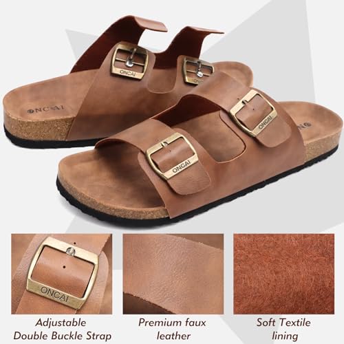 ONCAI Mens Sandals,Beach Slides Cork Footbed Slippers with Adjustable Buckle Straps Size 7-132