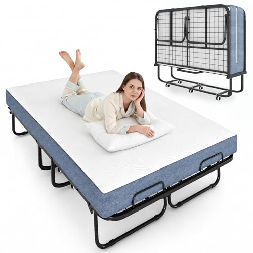 Mjkone Folding Bed 75 x 54 Rollaway Bed with 5 Foam Mattress for Adults Queen Size Fold Up Roll Away Sleeping Beds Space Saving Portable Guest Beds with Metal Frame for Bedroom Standard