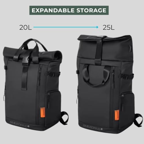 Image of SMILEDRIVE Waterproof Roll-Top Laptop Backpack, 20-25L Expandable, Anti-Theft, Padded 15.6 inch Laptop Compartment, Travel College Office Bag