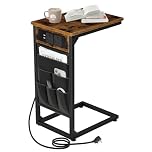 AMHANCIBLE C-Shaped Side Table, Bedside Table with Charging Station,2 USB & AC Outlets, End Table with Cloth Storage Bag, Sofa Table for Small Spaces, Coffee Table for Living Room, Brown HET04CBR-1