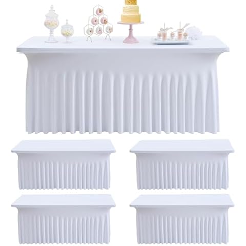 4 pk 6ft Spandex White Rectangle Tablecloths for 6 Foot Tables, Wrinkle Free Fitted Table Cover 6ft Stretch Table Clothes Desk Skirt for Weddings, Parties, Banquets, and Baby Showers Cover