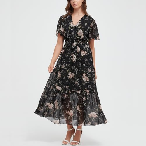 Image of Women's Summer Bohemian Floral Chiffon Dress Cap Sleeve V Neck Ruffle Long Flowy Boho Casual Vacation Dresses