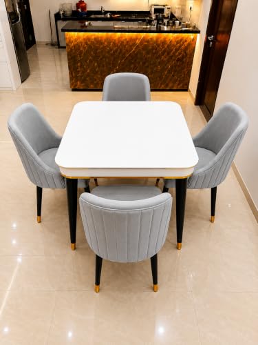 Image of WOODEN SPACE 4 Seater Wooden Dining Table Set | Urban Marble Top Dining Table with Chairs for Dining Room & Kitchen (Modern Infinity Backline Light Grey) (42 x 42 x 30 inch)
