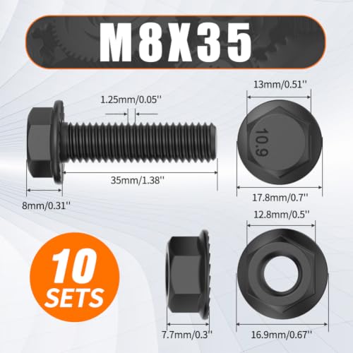 Image of M8x35mm Flange Hex Bolts and Nuts Kit Grade 10.9 Metric Screws 10Pack Black