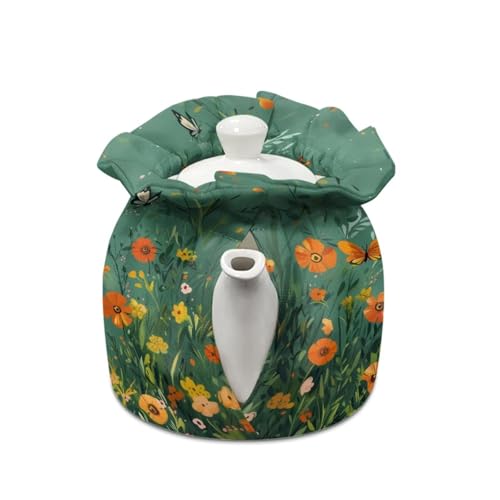 Image of Panda Butterfly Flower Print Tea Cosy for Teapot Insulated Portable Tea Kettle Cozy Theme Teapot Insulation Cover with Drawstring Breakfast Warmer 6.1x6.1x6.9 Inch