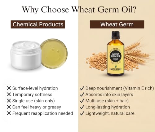 Image of Earth N Pure Wheat Germ Oil 100% Pure & Natural Rich in Vitamin E for Skin Care, Hair Growth & Face - Cold Pressed Wheatgerm Oil for Massage, DIY & Aromatherapy- 15ml