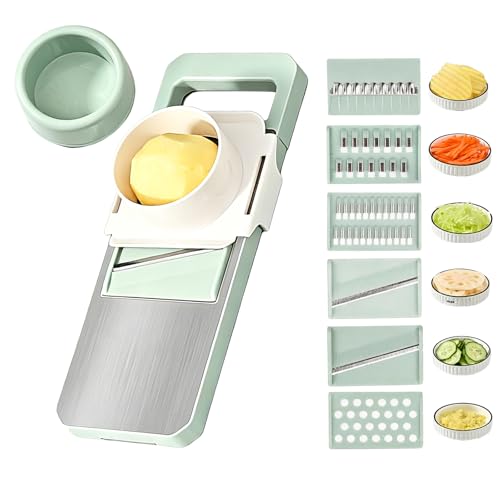Coupe-légumes 6 en 1 avec protection des mains, mandoline multifonction, râpe à légumes, coupe-julienne, mandoline pour stylos, disques (vert)