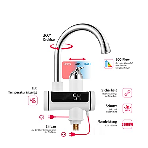 HOGART Elektrische Wasserhahn mit Durchlauferhitzer 230v für Küche, Garten, Bad, Wohwagen, Camping, Smart Heater, Armatur mit Sofortiger Warmwasserbereiter, Warmwasserhahn, Küchenarmatur, Wasserboiler