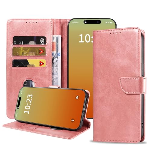 RKINC for iPhone 16 Pro Max Wallet Case PU Leather with 3 Card Slots Magnetic Flip Closure Folio Cover, Card Holders Kickstand Shockproof TPU Protective Phone Case, Rose Gold
