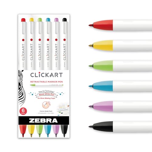 Zebra Pen CLiCKART No Bleed Felt Tip Pen, Assorted Ink, 0.6mm, 6-Pack