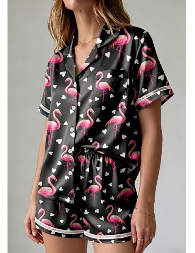 Image of Ekouaer Womens Silk Pajama Sets Button Up Satin Pjs Short Sleeve 2 Piece Pj Sets Cute Lounge Sets with Chest Pocket