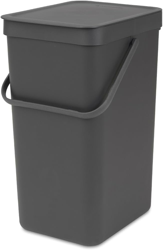 Brabantia Sort & Go Waste Bin 16L (Grey), Space-Efficient Plastic Recycle Container with Handle, Removable and Stay-Open Lid, Easy to Clean Kitchen Bin without Nooks and Rims