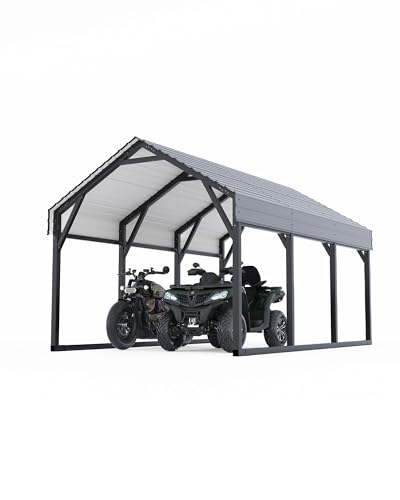 Image of GarveeLife 12x13 ft Metal Carport Shed, Reinforced Frame and Steel Roof for All-Weather Use, Permanent Shelter for Cars, Motorcycles, ATVs, or Boats