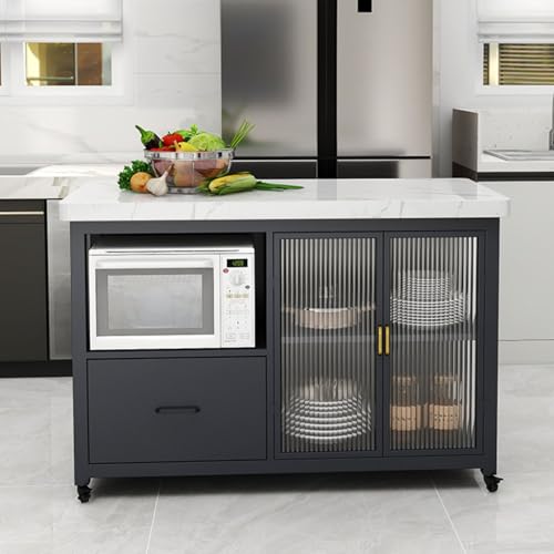 Aparador abierto para isla móvil con almacenamiento isla de cocina, soporte para microondas con ruedas, mesa de cocina independiente con almacenamiento, islas de almacenamiento móviles para cocinas