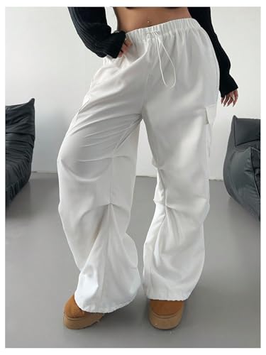 OYOANGLE Women's Plus Size Parachute Pants Elastic Drawstring Waist Wide Leg Cargo Pants Ruched Joggers4