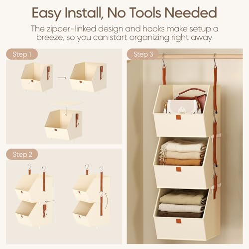 Image of Homsorout Collapsible Hanging Closet Organizer - 3 Tier Closet Shelves Storage System with Hooks, Fabric Hanging Storage Bins for Clothes, Foldable Storage Basket for Laundry, Bedroom, Rv, Beige