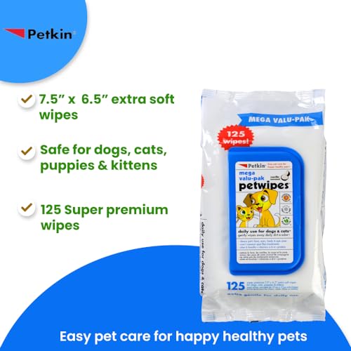 Image of Petkin Petwipes Mega-Value Pack for Dogs and Cats, Wipes Away Daily Dirt and Odor, Cleans Face, Ears, Body and Eye Area, Super Convenient, Ideal for Home or Travel 125 Wipes