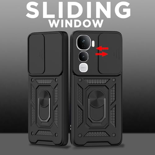 Image of Pikkme Back Cover for Vivo Y400 5G | 360 Protection Case | Sliding Camera Shield Cover & Ring Holder Stand D10 Tough Armor Bumper Case (Black)