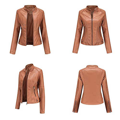 Jaqueta feminina de couro PU cropped Bolero Jacket Suit Stand-up Collar Thin Blazer Jacket, Cáqui, X