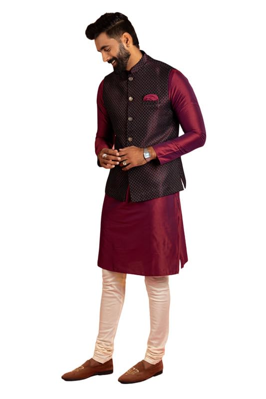 kisah Men's Silk Blend Textured Woven Kurta with Nehru Jacket Set | Wedding Festive Ethnic-picture-30