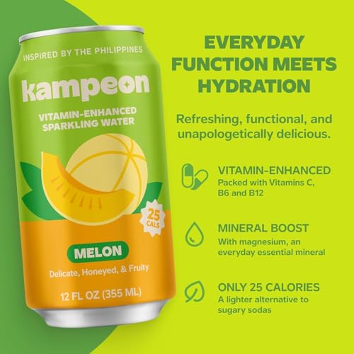 Image of Kampeon Filipino inspire sparkling water, Melon-12oz Can | Flavored Sparkling Water with Vitamin C, Magnesium & B Vitamins | Refreshing Cantaloupe & Watermelon Drink, Functional Hydration (Melon Pack Of 12)