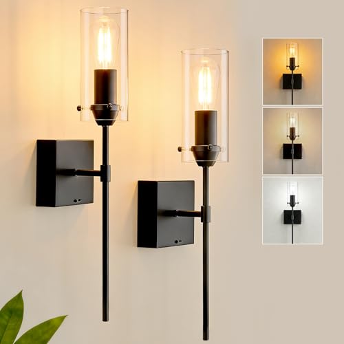 Image of Battery Operated Wall Sconce Glass Wireless Sconce Set of 2 Black | Wall Sconces Rechargeable with Remote Control Dimmable Wall Light for Bedroom Living Room Hallway Entryway, 3000-6500K