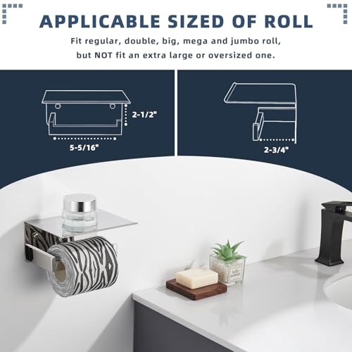 Image of Angle Simple Toilet Paper Holder with Shelf, Polished Chrome | SUS304 Stainless Steel Toilet Tissue Roll Holder, Fit Most Rolls, Extra Shelf for Storing Phones Wet Wipes, Screw Wall Mount