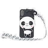 HopMore Funda para iPhone X/iPhone XS Silicona (Funda para Auriculares) Cordón Divertidas Carcasa Resistente TPU Case Fina Antigolpes Caso Dibujos Gracioso para Niñas Mujeres Niños - Panda