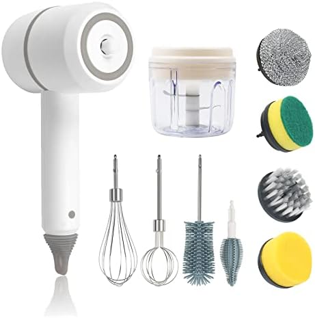9-IN-1 Cordless Electric Spin Scrubber, Multiuse for Dishwash, Egg Beater, Bottle Brush, and Vegetable Chopper, both Spin Cleaner and Cooking Mixer Tool, 3 Spinning Gear Power for Multiple Choices