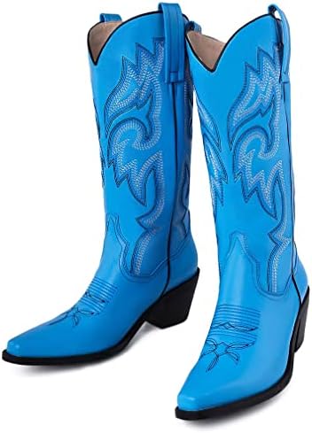 heelchic Womens Embroidered Cowboy Cowgirl Boots Snip Toe Chunky Heel Western Boots Pull On Mid Calf Boots