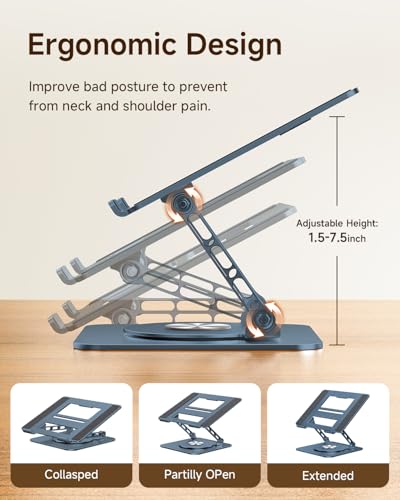 Image of MCHOSE Laptop Stand for Desk, Ergonomic Laptop Riser with 360 Rotating Base, Foldable Notebook Computer Holder Stand Compatible with MacBook Air Pro, Dell XPS, More 10-15 inch Laptops, Navy
