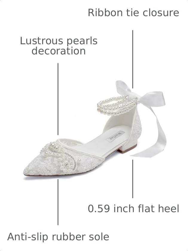 Image of Pearl Wedding Shoes for Bride Flat Lace Bride Shoes Pointed Toe Bridal Flats