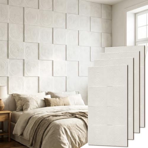 VooBang 3D Tree Ring Texture PU Wall Panels, 24"x48" Ivory White