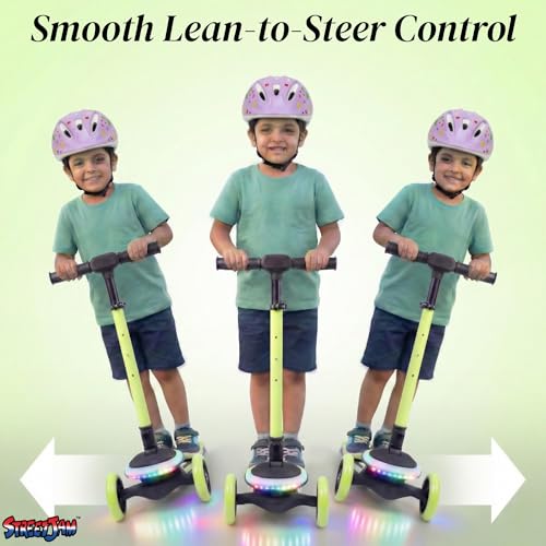 Image of STREETJAM Blinkie Kids LED Kick Scooter for 3-12 Years, LED Deck with Multiple Light Modes (1st Time in India), BIS Approved, Extra Wide Deck, Rechargeable, Up to 50 kg Load (Black with Neon Green)