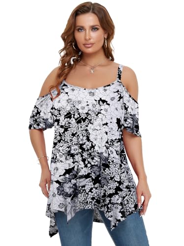Image of LARACE Cold Shoulder Tops for Womens Summer Clothes Spaghetti Strape Tunic Oversized Shirts Asymmetrical Plus Size Blouse